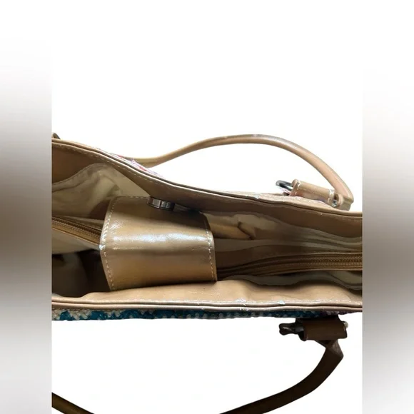 Woven Multicolor Straw Tote Bag Tan Faux Leather Handles Shoulder Purse - Picture 7 of 16